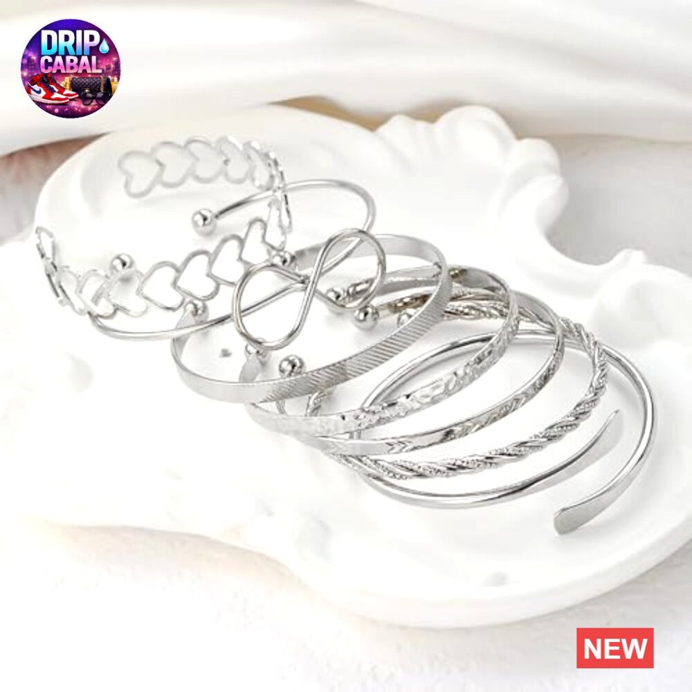 Silver Bangle Bracelet Set Stackable Boho Chunky … - image 4